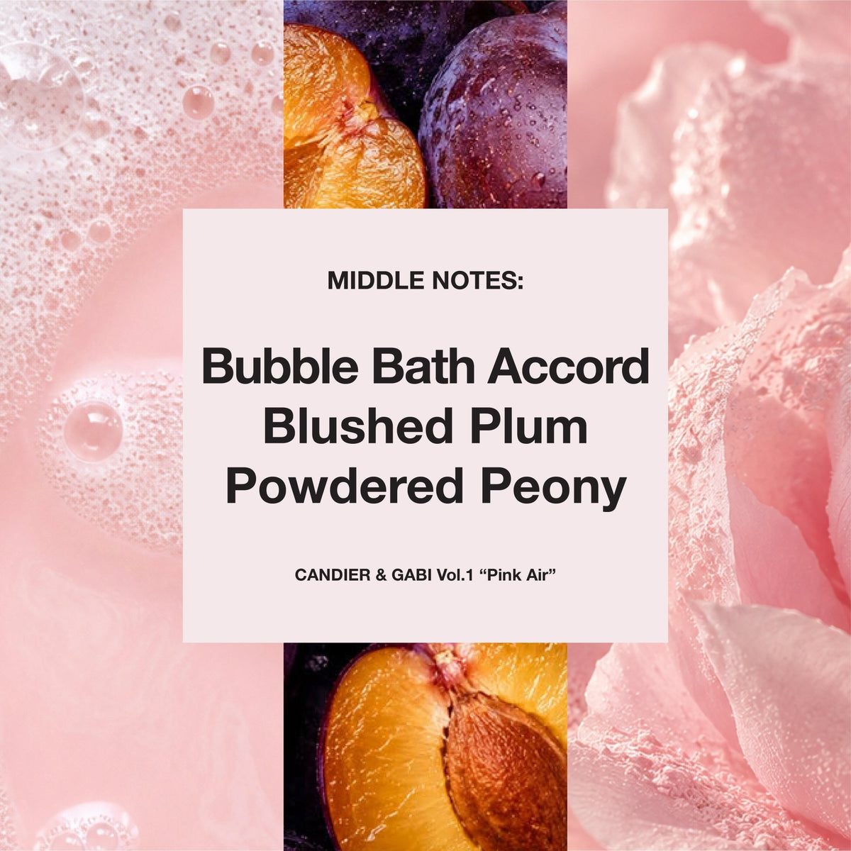 Pink Air fruity floral perfume heart notes: Bubble Bath Accord, Blushed Plum and Powdered Peony.