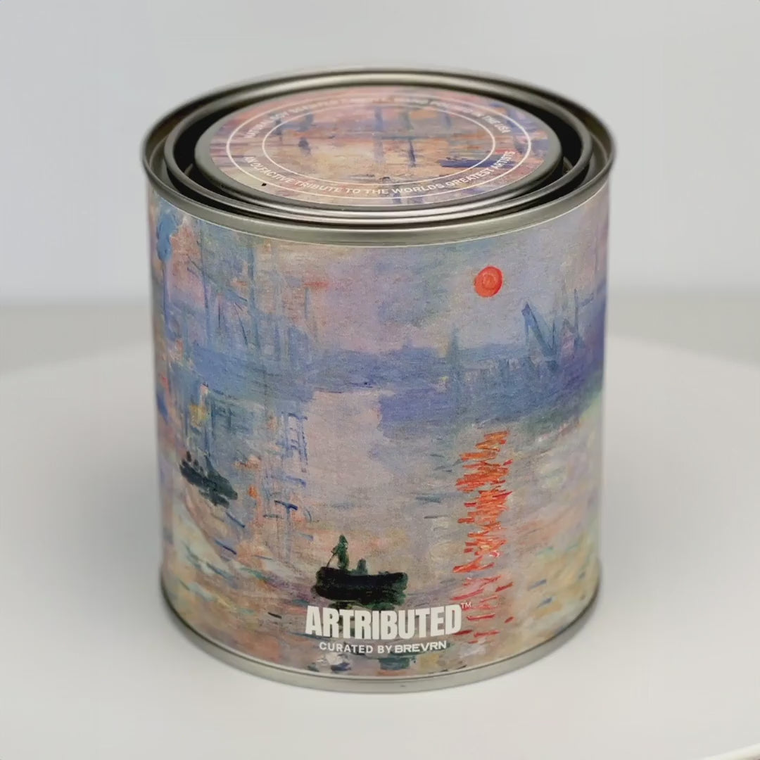 360 degree video of a fine art candle inspired by and wrapped in Monet famous painting Impression, Sunrise