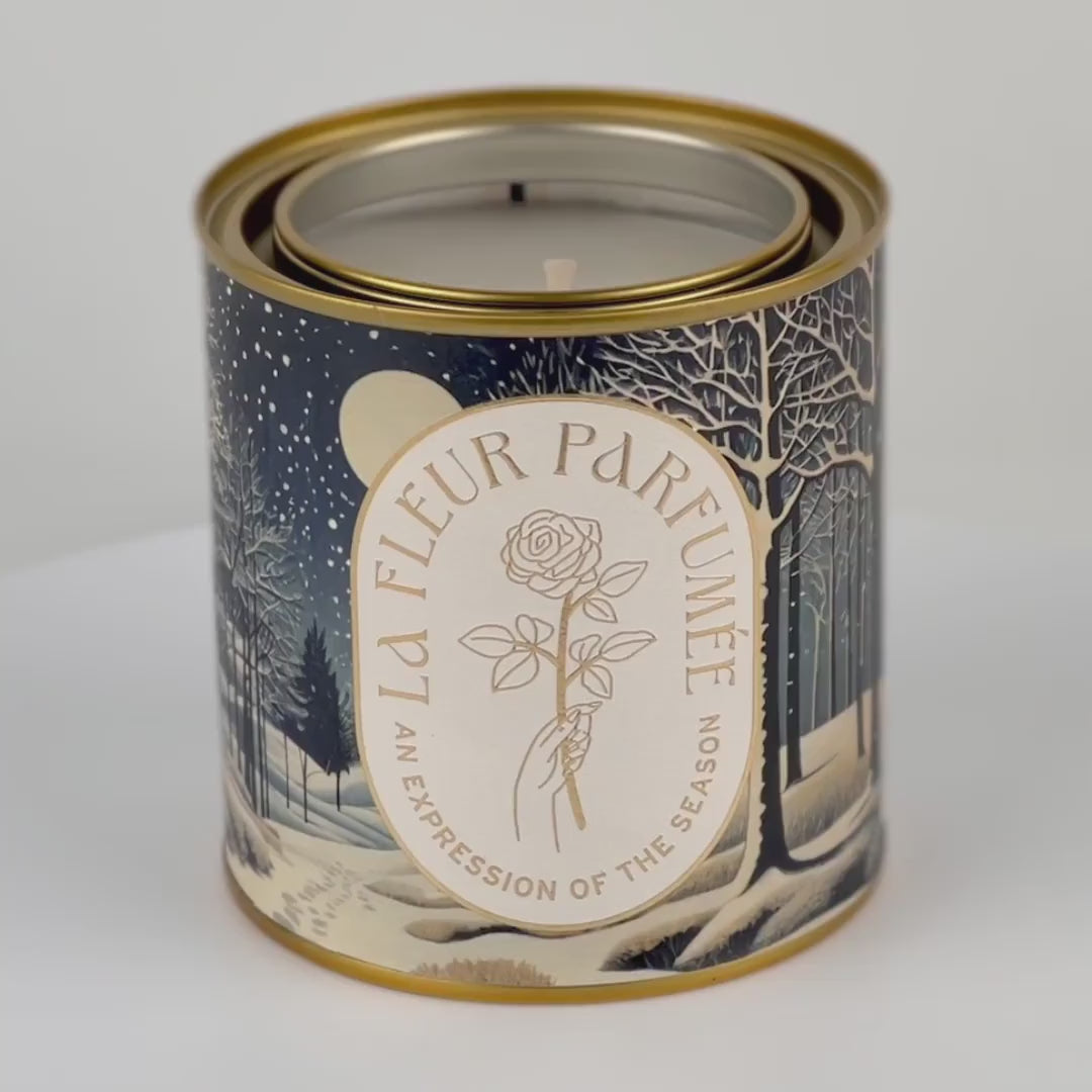 360° view of Candier Winter Solstice—elegant holiday candle for Christmas gifts for employees and white elephant gift ideas $50.