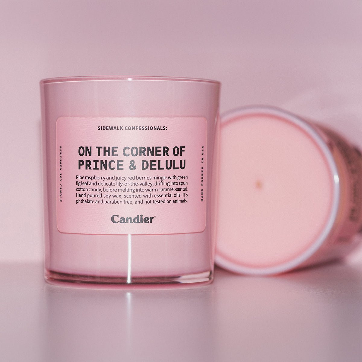 Candier On the Corner of Prince and Delulu candle scent notes, fruity gourmand fragrance NYC candle with cute aesthetic