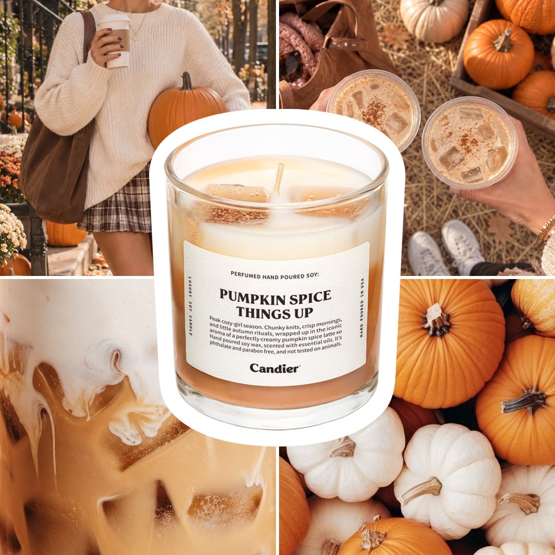 Candier pumpkin spice candle inspired by starbucks PSL, with cute fall outfits and fall decor