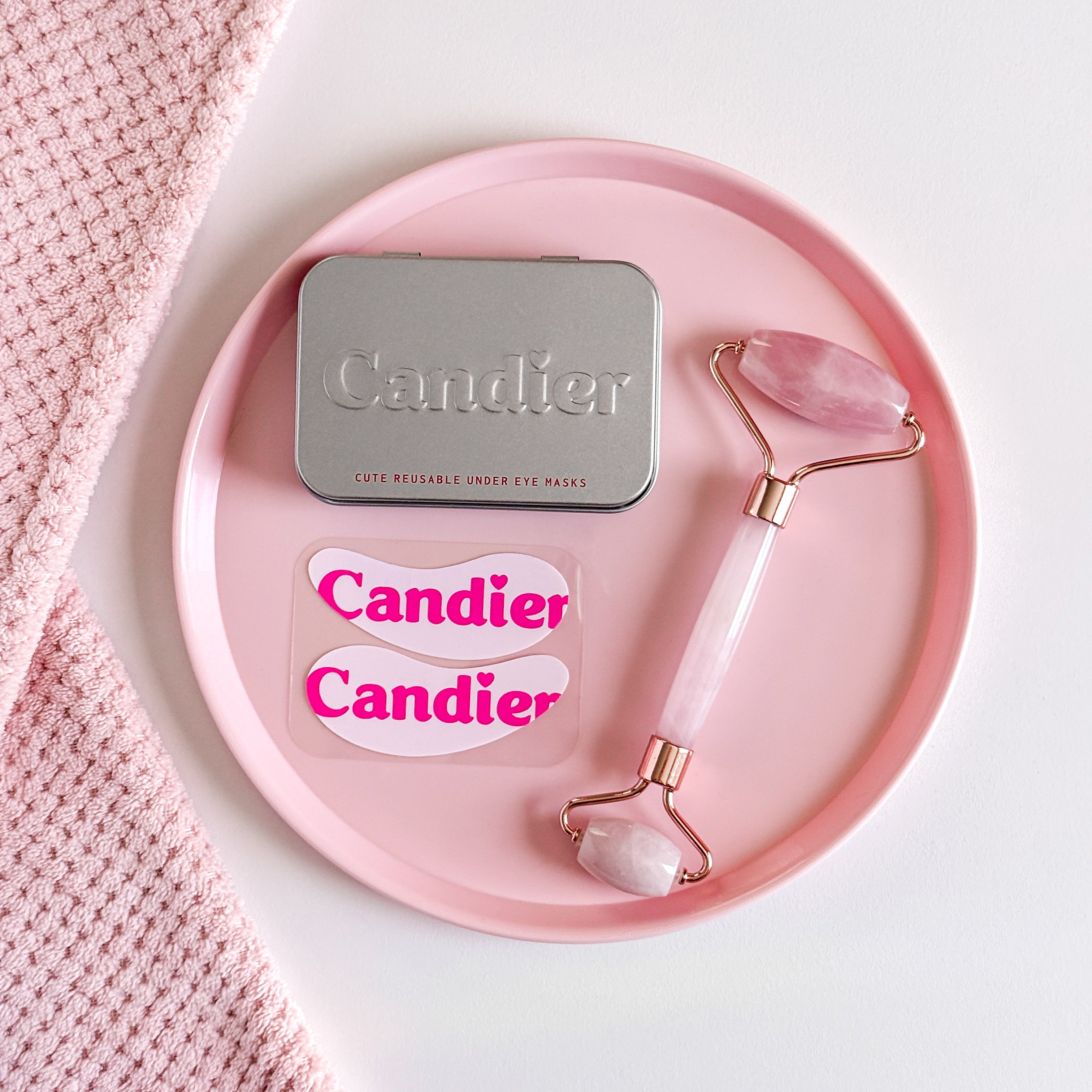 Candier tin showing reusable under eye patches and travel case – cute skincare gift idea