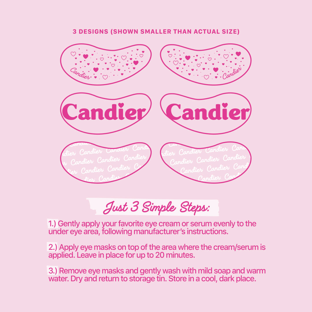Back of Candier eye mask packaging showing product info and cute branding