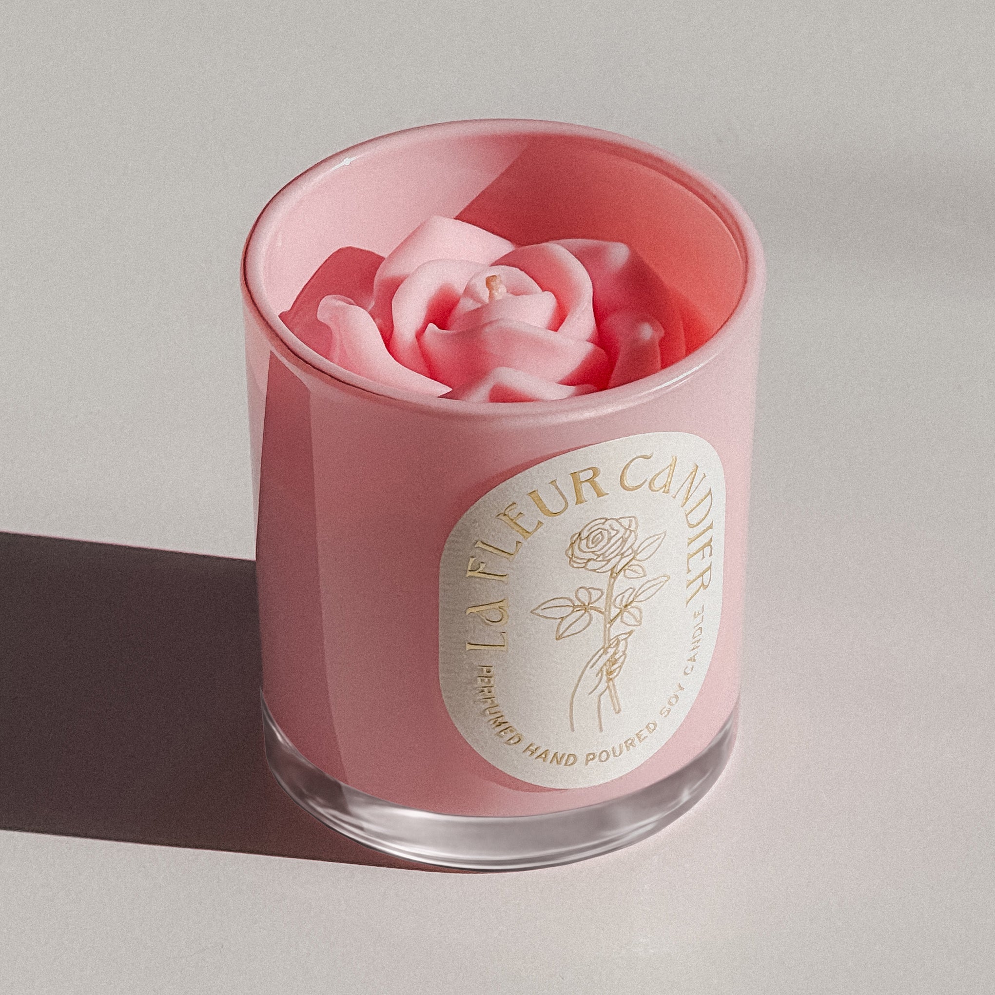 Romantic flower candle styled with roses and ribbon, a pink aesthetic candle and cute gift for her with floral scent