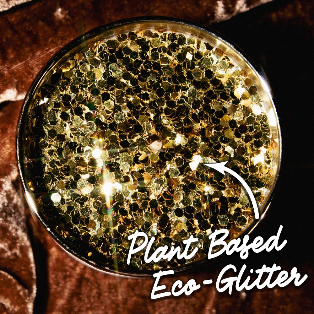 Close-up of plant-based eco glitter on Candier ’Tis The Season To Sparkle — shimmering holiday candles for christmas gift teens.