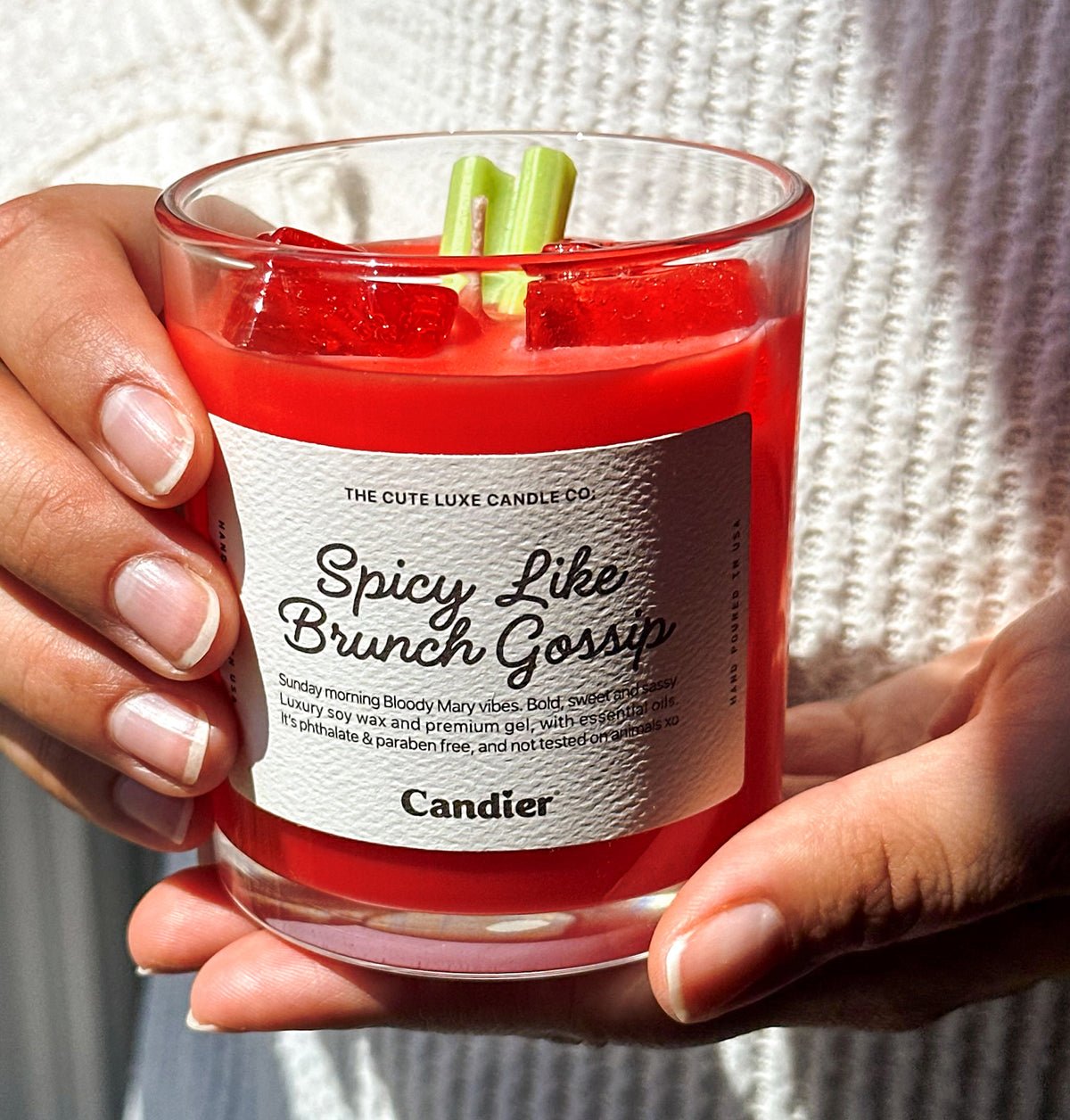 Tomato girl candle for brunch lovers – hand-poured tomato leaf candle with Bloody Mary gift ideas aesthetic, sustainable soy wax, and chic cocktail design.