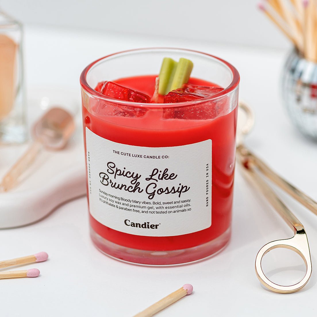 Candier Spicy Like Brunch Gossip Bloody Mary candle with tomato leaf fragrance, gel ice cubes, and celery accent – perfect tomato girl gift idea.