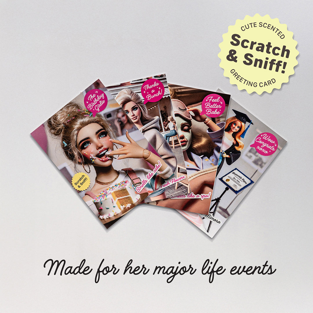 Candier’s funny birthday cards collection of best friend birthday cards, styled with r90s aesthetic dolls and scratch-and-sniff stickers