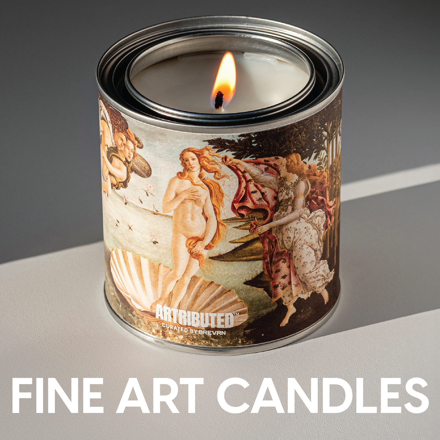 Fine Art Candles text with an image of a lit candle featuring the famous artwork The Birth of Venus by Botticelli