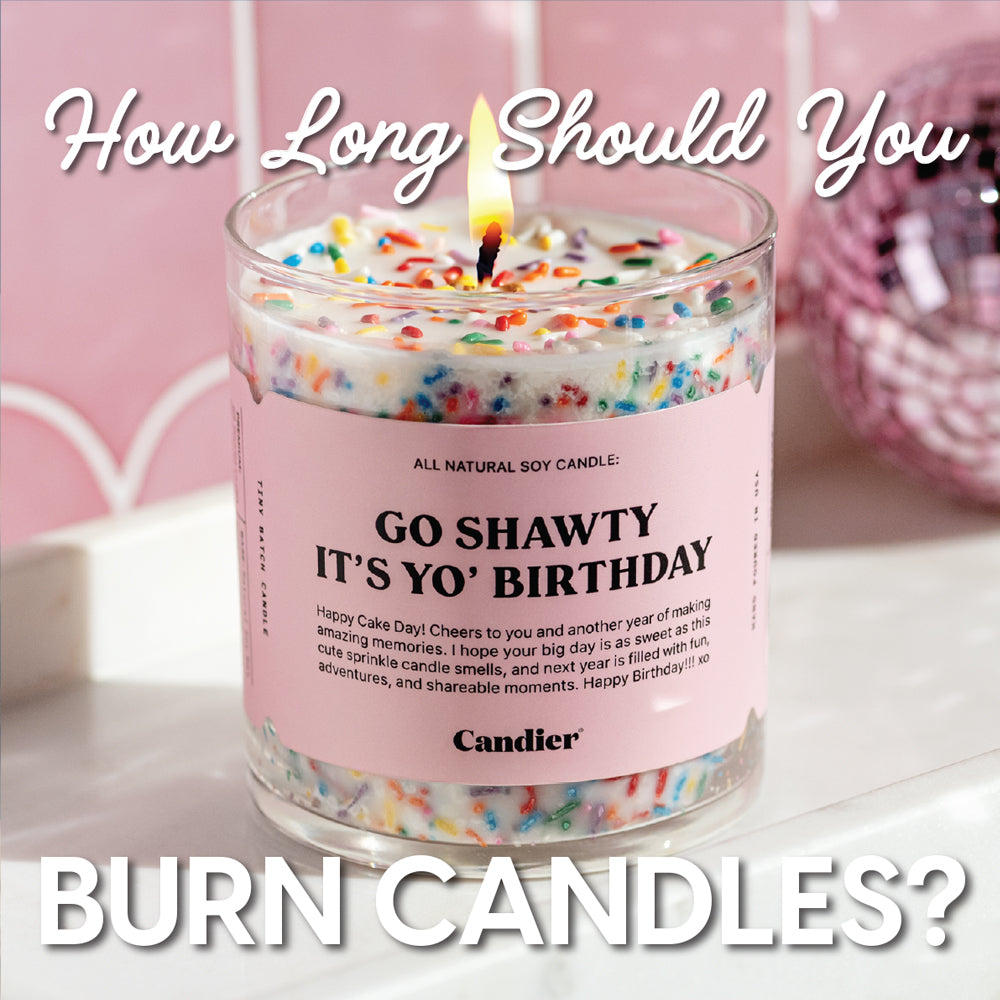 How Long Should You Burn Candles text over an image of a birthday cake candle 