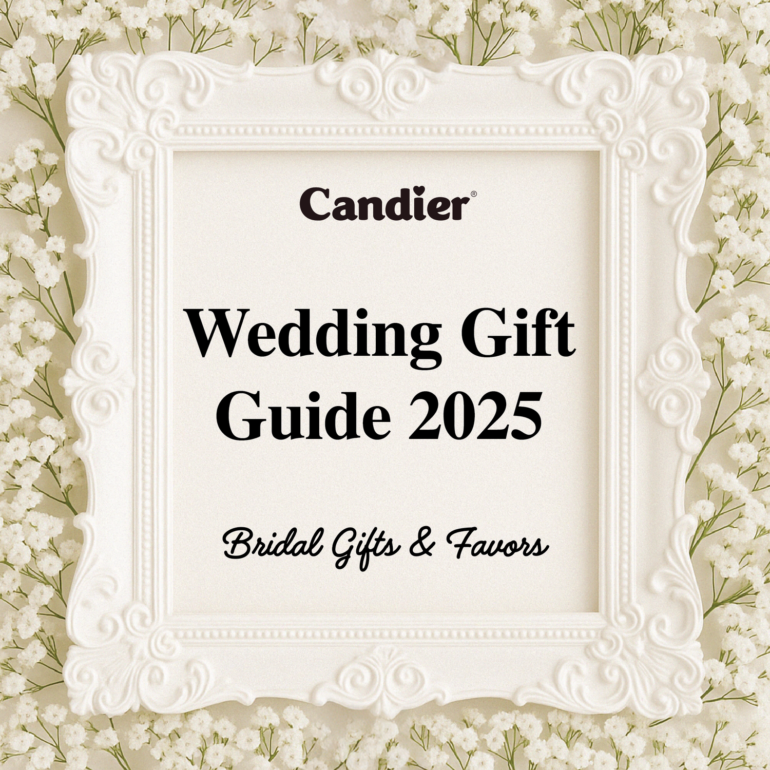 Wedding gift guide cover Candier candles with white flowers and bridal accessories. Perfect for bridal shower, bachelorette, and wedding gifting