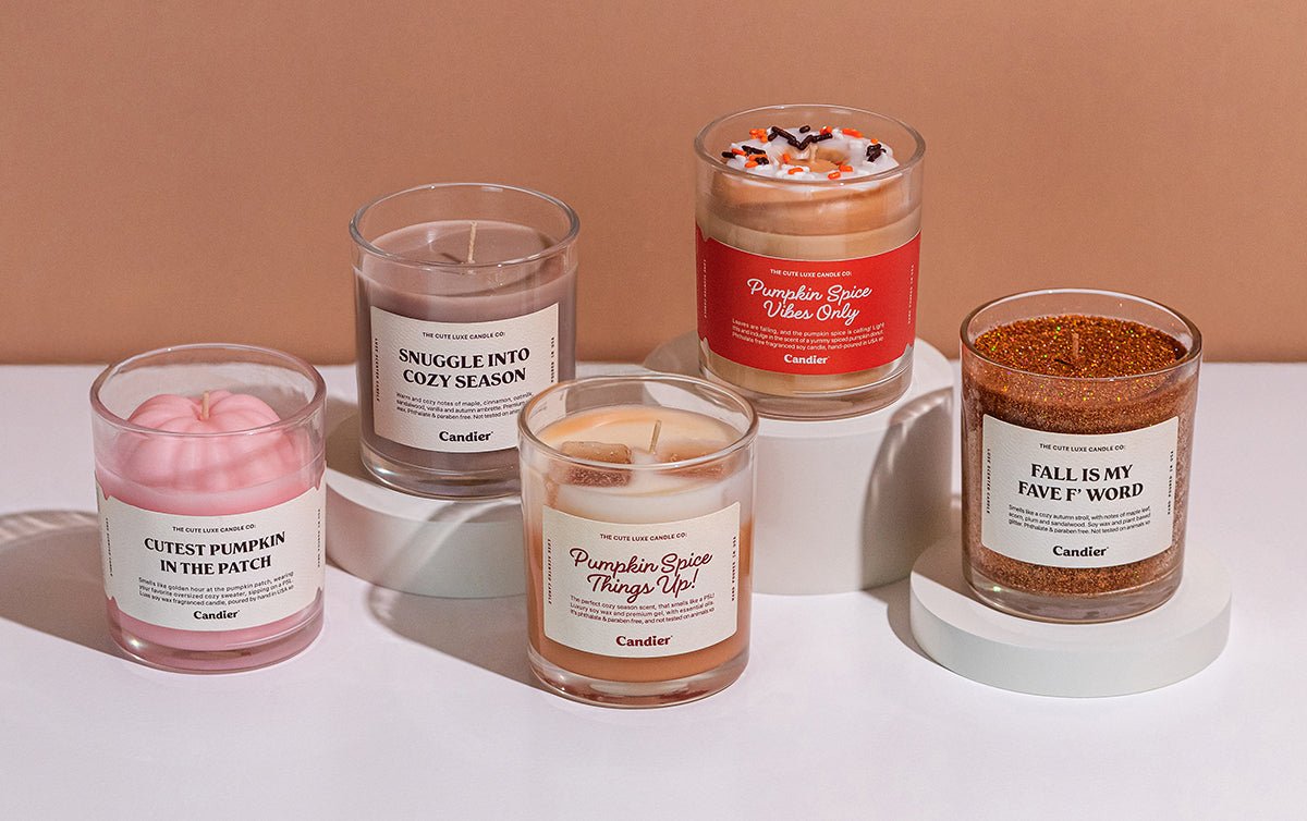 Fall candles by Candier. Cute luxe scented candles with fall fragrances