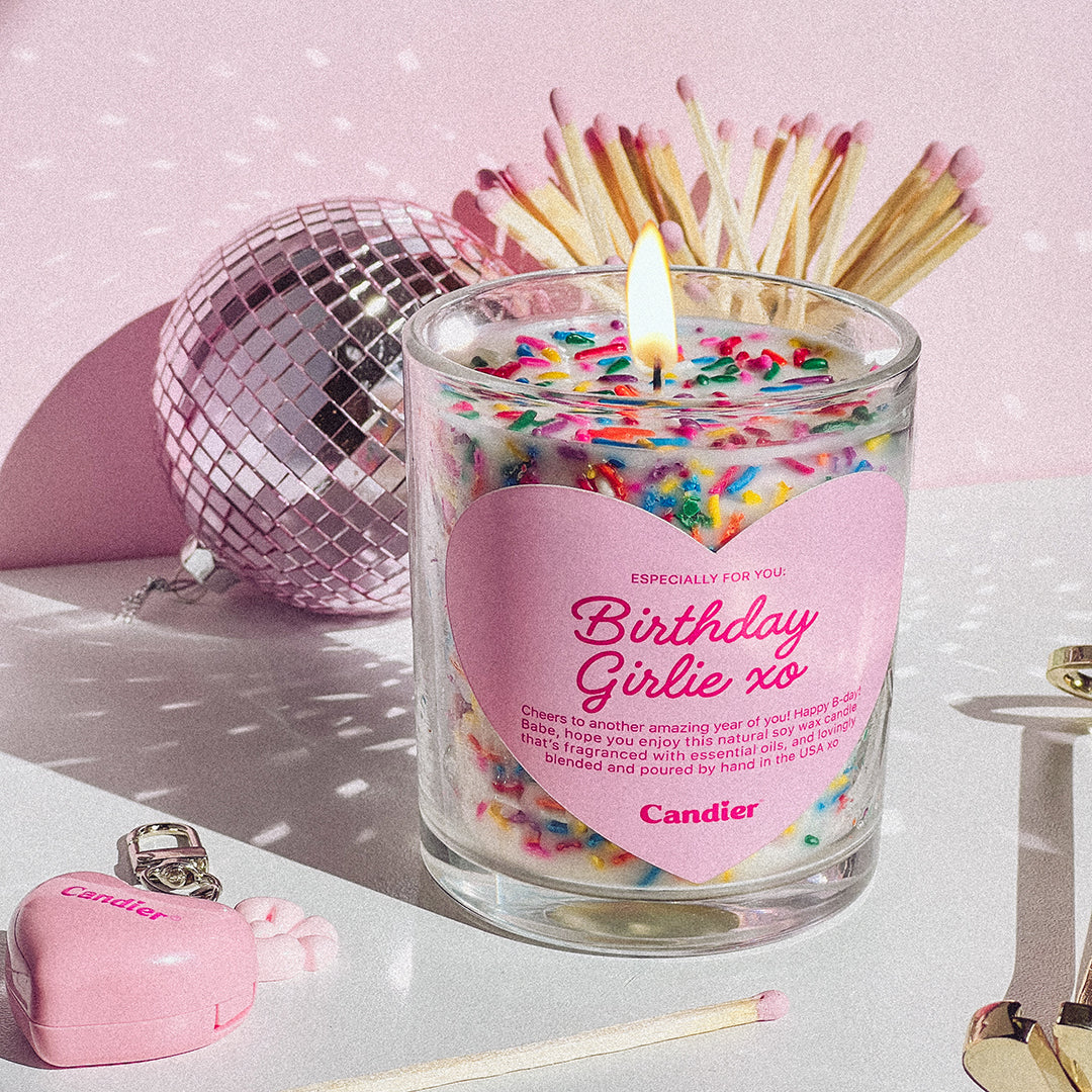 Birthday Girlie Candier luxury soy wax candle with colorful sprinkles. A funny birthday candle perfect for celebrating besties, sisters, or yourself! Aesthetic pink candle with a sweet gourmand fragrance and best vanilla scent, hand-poured in the USA. Best gifts for teen girls​