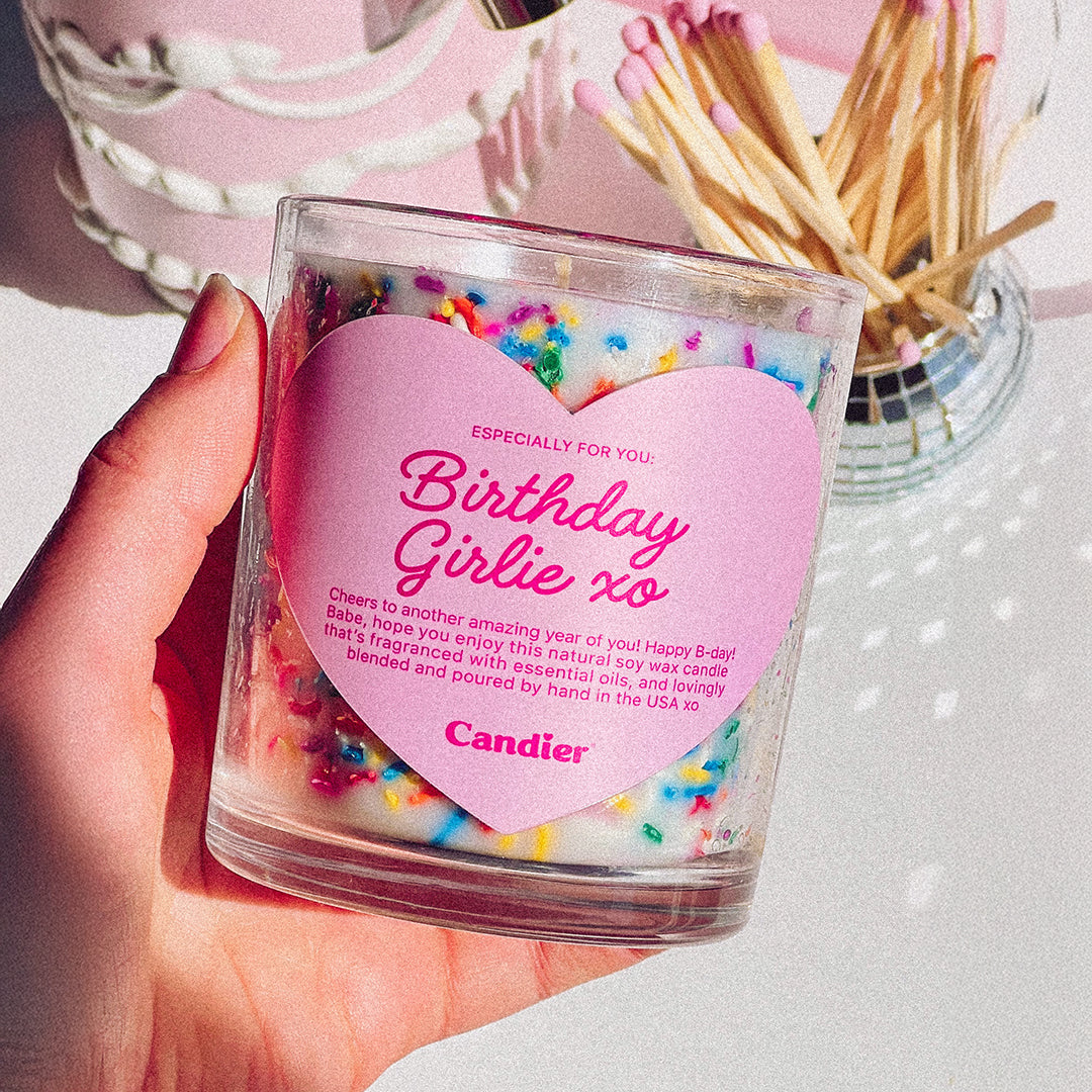 Candier clean scent luxury birthday candles presents "Birthday Girlie" candle, featuring a cute pastel pink jar and rainbow sprinkles. A funny candle with vanilla scent—perfect for party vibes, cute birthday gifts, and coquette aesthetic décor. Cutest sprinkle candles with gourmand fragrance hand made in USA