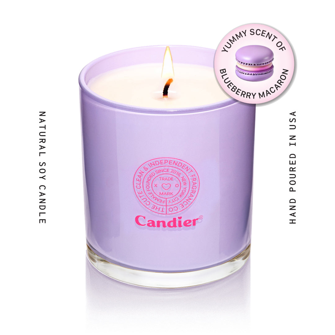 Candier Blueberry Macaron luxury dessert candle with soft girl aesthetic. A soy wax gourmand scent candle featuring bakery inspired vanilla fragrance notes