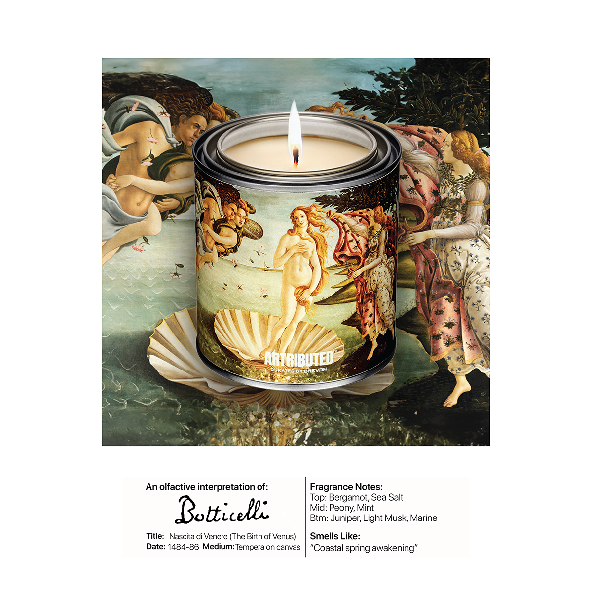 Luxury candle featuring the artwork of Botticelli The Birth of Venus  (Nascita di Venere)
