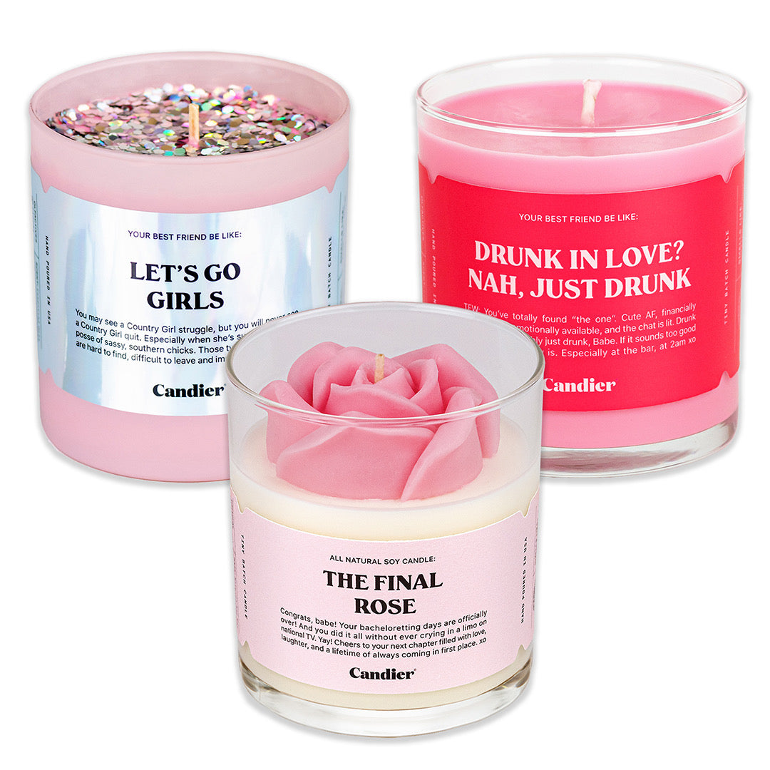 The Final Rose, Let’s Go Girls, and Drunk in Love? Nah Just Drunk candles – cute pink soy wax candles for bachelorette party gifts from the bride.