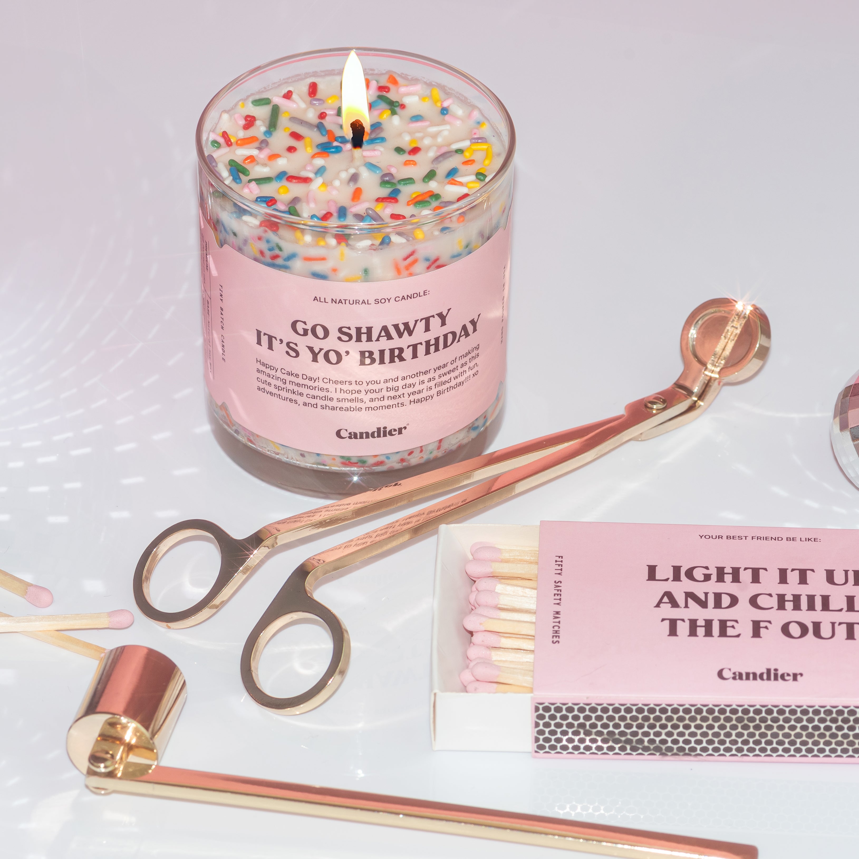 Candier candle gift set​ with Go Shawty Birthday Candle with sprinkles, gourmand fragrance and vanilla scent. Includes long safety matches, elegant golden candle wick trimmer​ and candle snuffer set​. best gifts for teen girls​