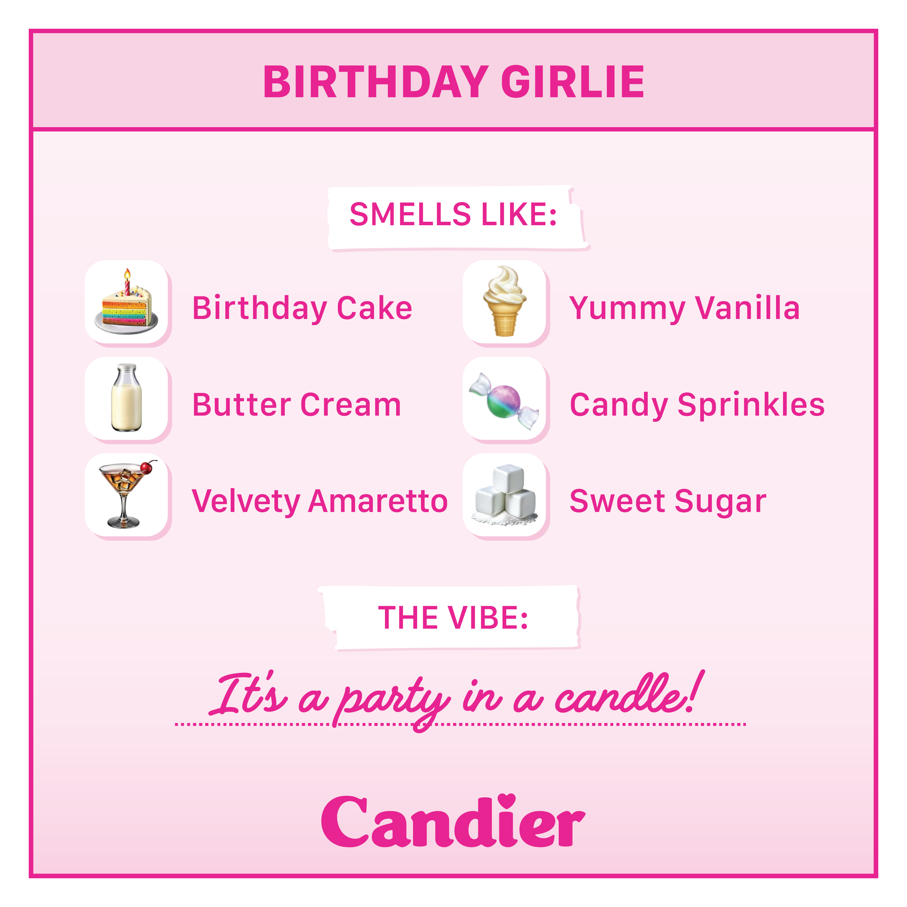 Candier candles Birthday Girlie XO scent list including birthday cake, sugar, buttercream, candy sprinkles, vanilla, bourbon, and a tagline that reads Warm creamy and sweet. Best vanilla scent with gourmand fragrance funny candle made in USA
