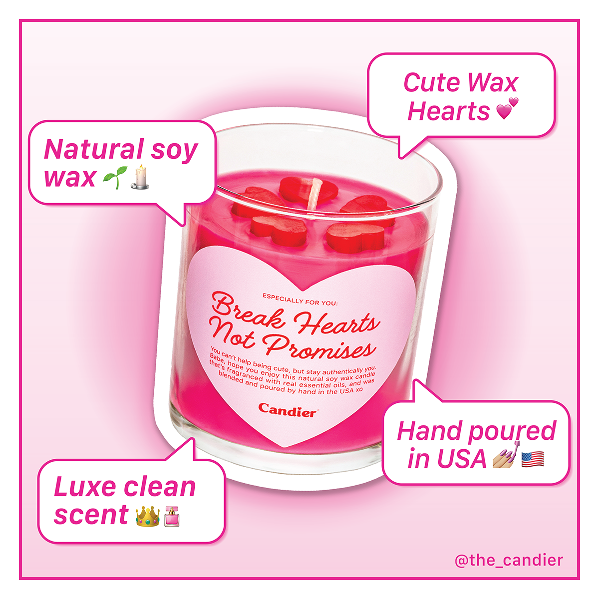 Infographic describing what makes Candier Candles cute, Clean and care-full 