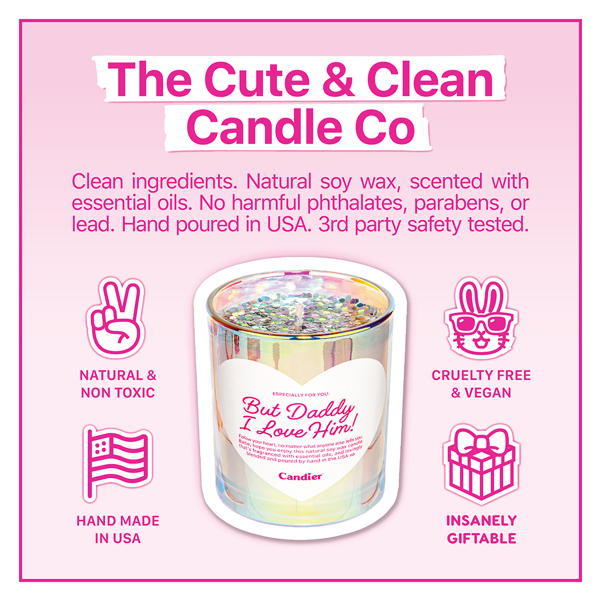 Infographic describing what makes Candier the cute, Clean and care-full candle company. including highlighting clean non-toxic cruelty free ingredients, made in USA  and make perfect gift