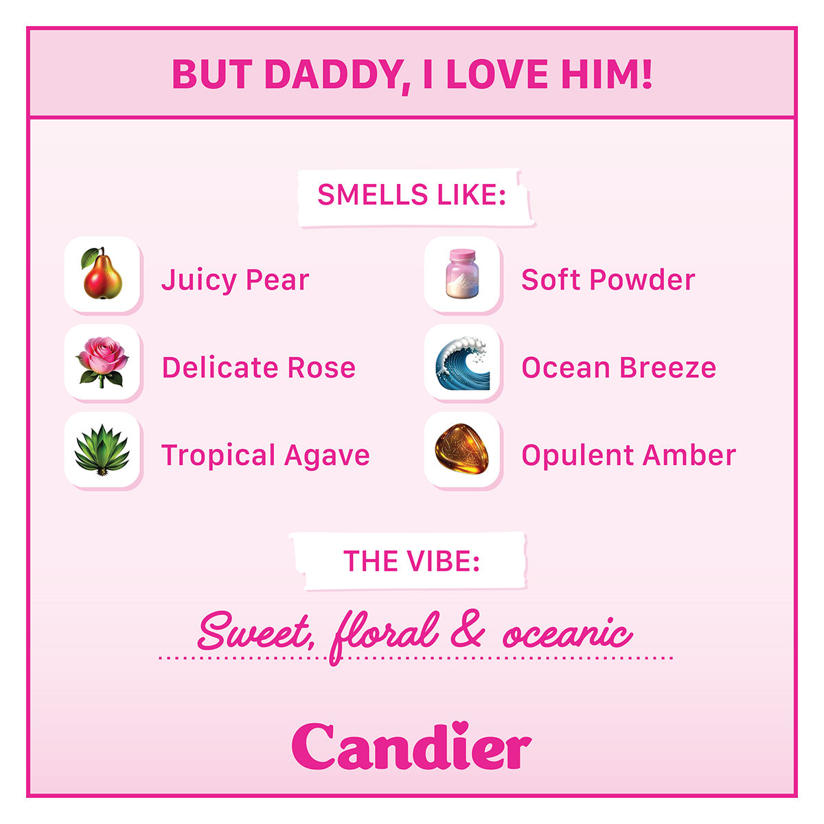 Scent description for Candier candle But Daddy I Love Him! Smells like pear, powder, rose, ocean breeze, agave and amber, with a tagline that says Sweet floral and oceanic