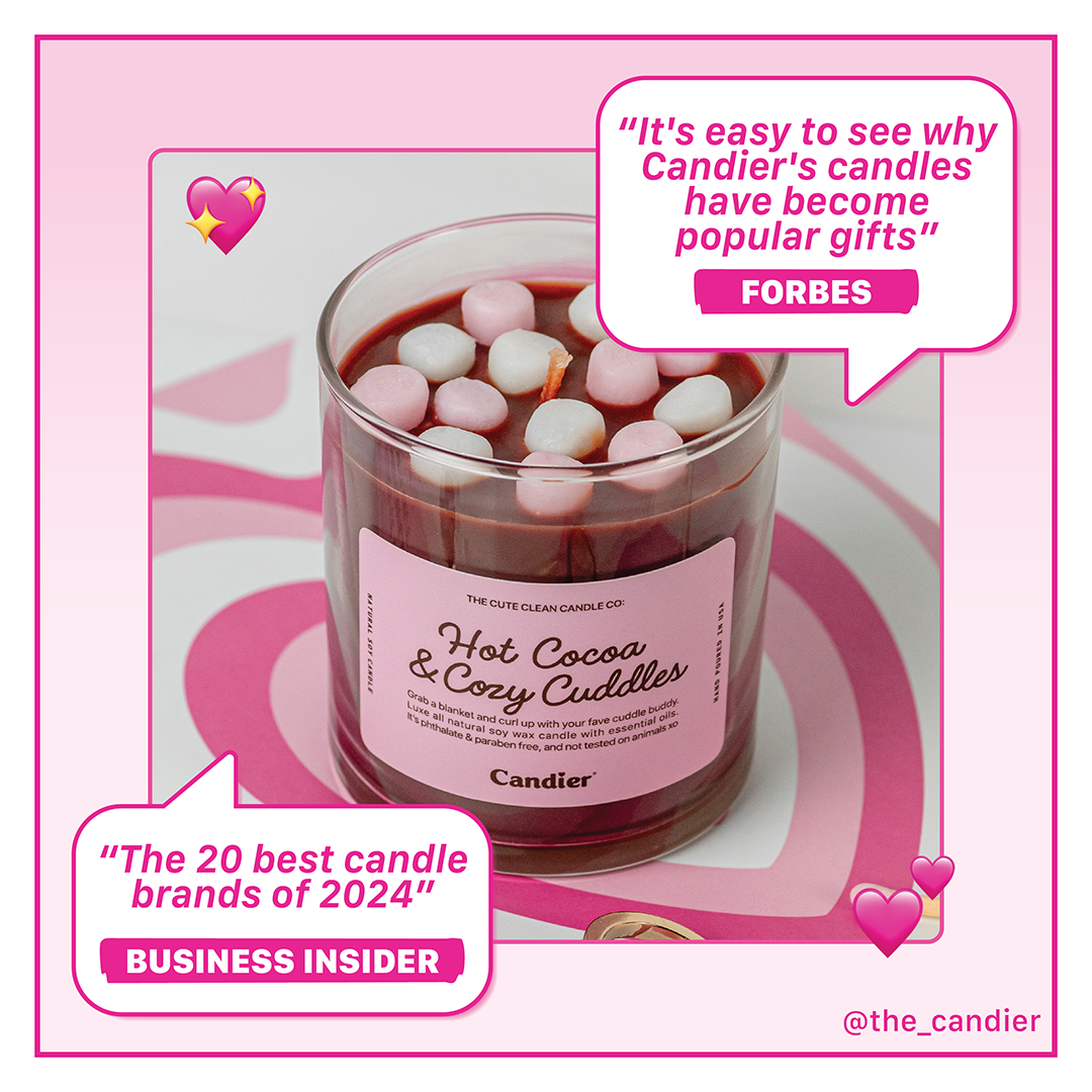 The Candier Hot Cocoa & Cozy Cuddles candle is one of the best luxury scented candles, Candier was featured by Forbes and Business Insider. With its hot cocoa scent, wax marshmallows, and rich chocolatey fragrance, it’s the perfect winter candle for gifting or self-care.