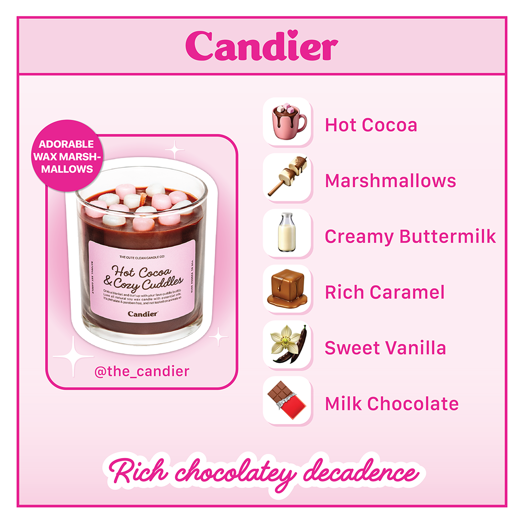 Hot Coco hot chocolate candle scent notes – rich melted chocolate, fluffy marshmallow, and whipped cream. A decadent cocoa-scented candle for chocolate lovers