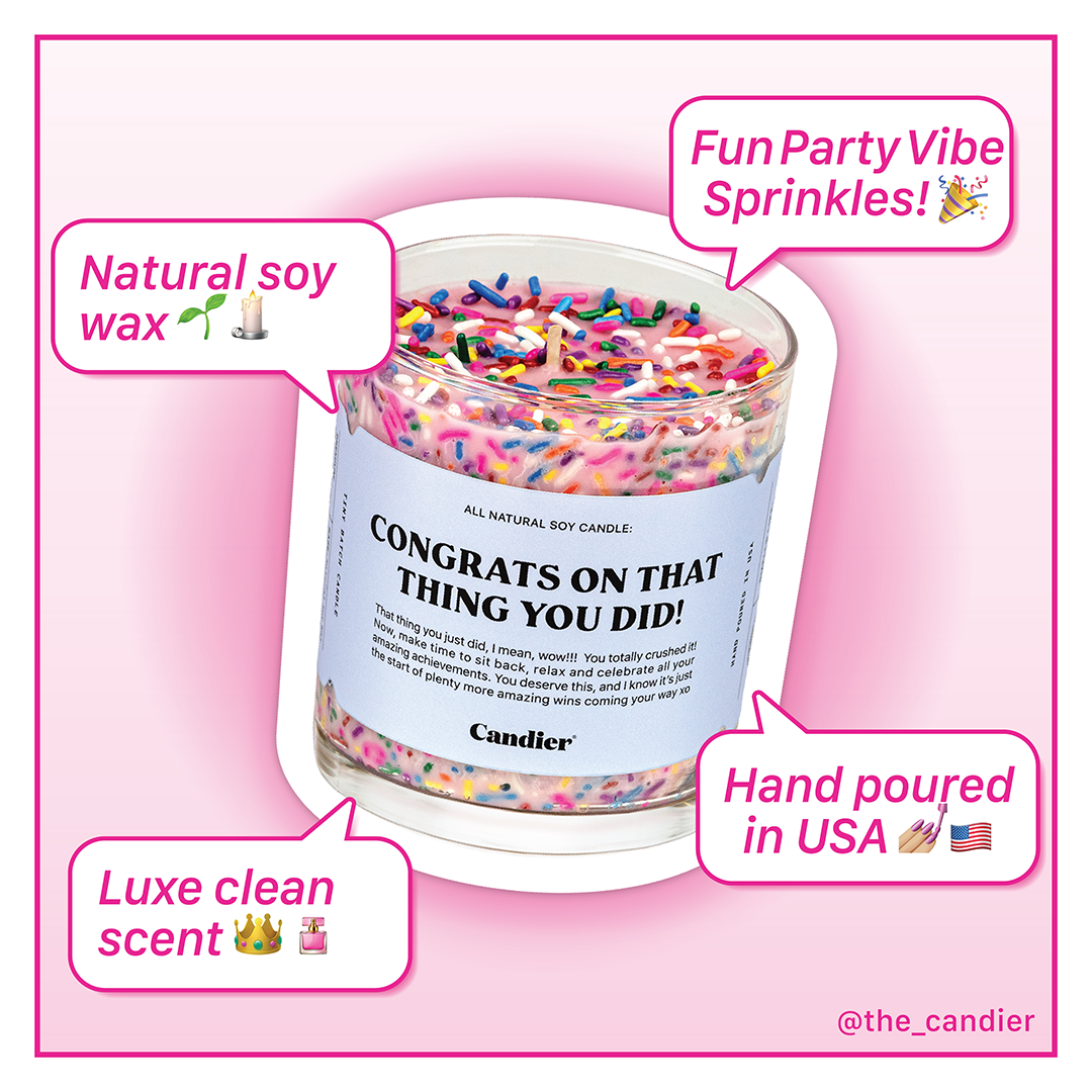 Candier Congrats candle with fun party sprinkles – a sweet strawberry scented congratulations gift​ candle. This Ryan Porter candle makes the best luxury candles gift for women and teen girls