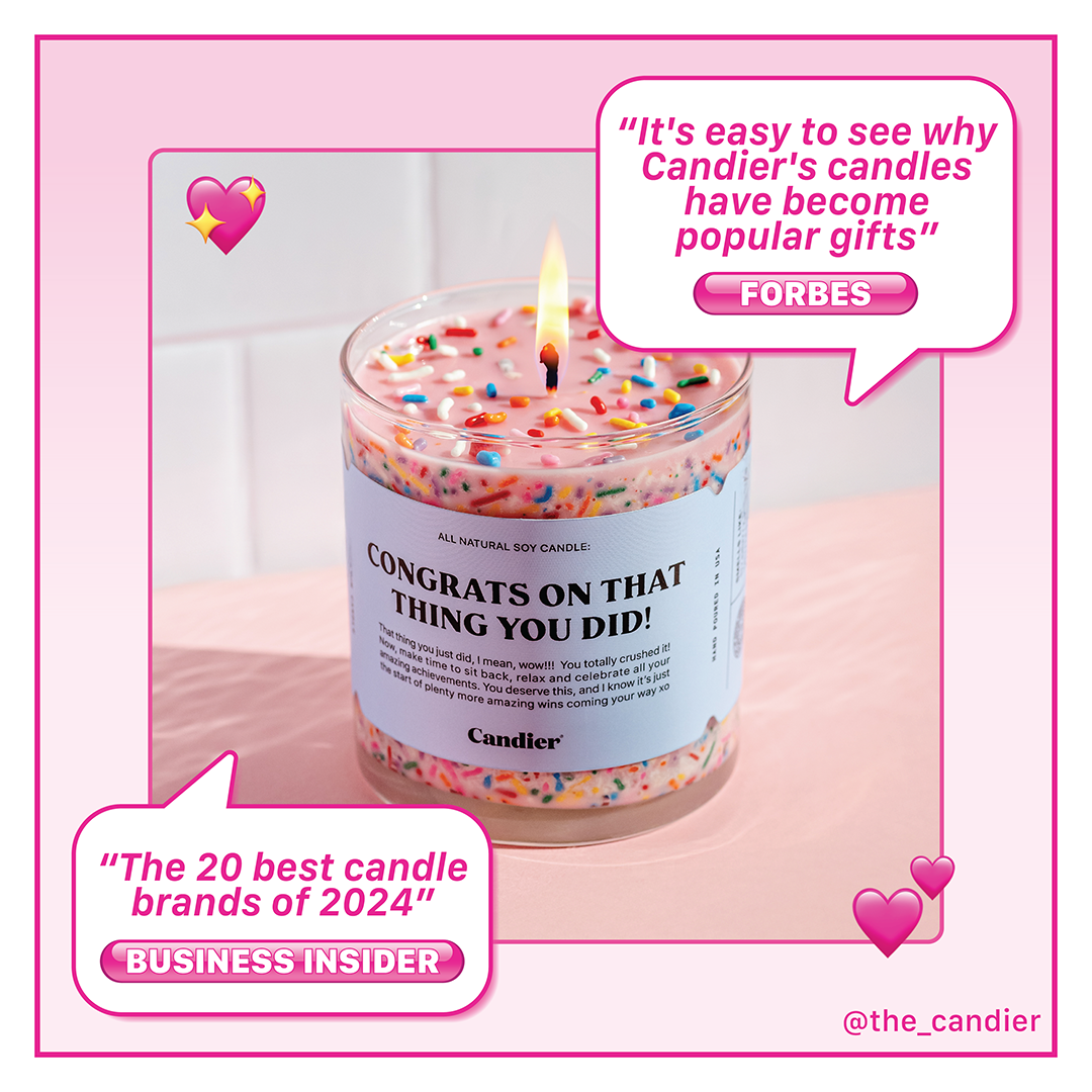 Fancy candles for gifts – Candier’s cute congratulations gift​ candle with dessert-inspired scent and luxe clean burn. Perfect for gifts for teen girls or trendy gifts for women