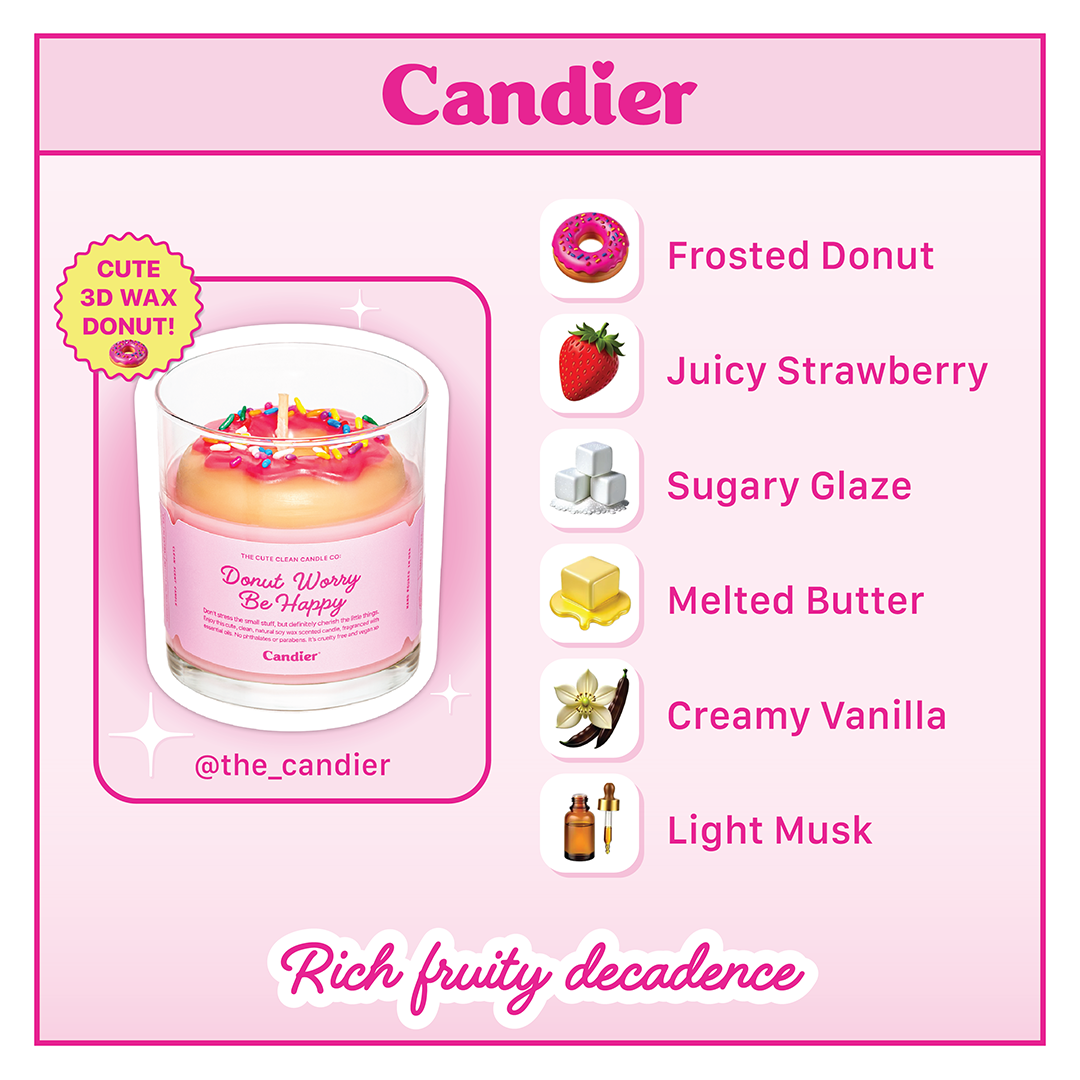 Donut Worry, Be Happy (Strawberry Glazed Donut Scent Notes Image):
Strawberry glazed donut candle with notes of juicy strawberry, caramelized sugar, melted butter & creamy vanilla. Aesthetic luxury candle for gifting.