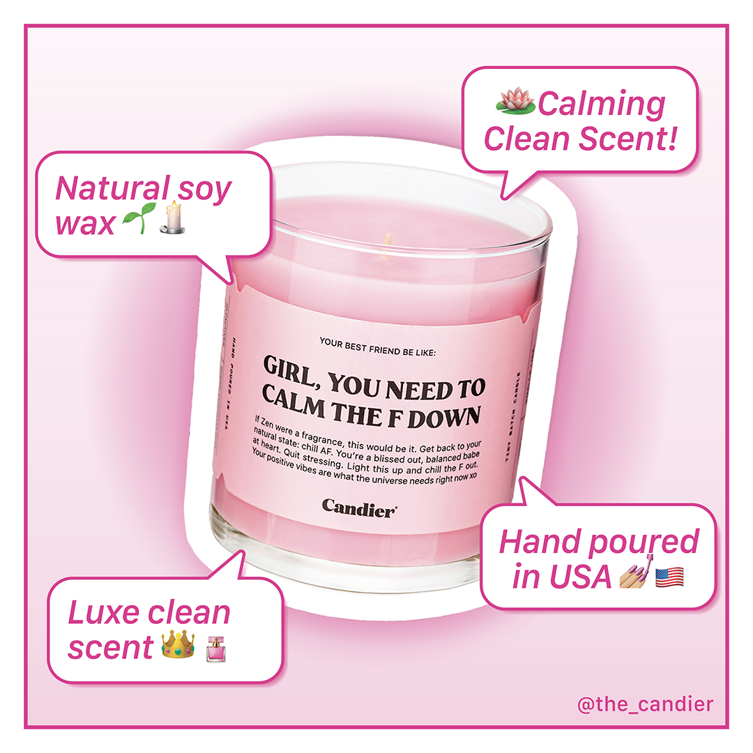 Features of the Candier candle, including its natural soy wax, hand-poured in the USA, and calming clean cherry blossom scent​