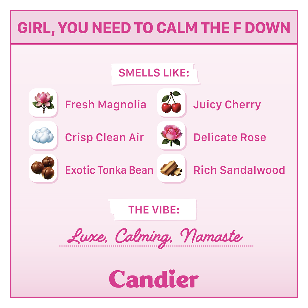 The fragrance notes of the candle, including fresh magnolia, juicy cherry, delicate rose, and rich sandalwood, described as Luxe, calming cherry blossom scent​