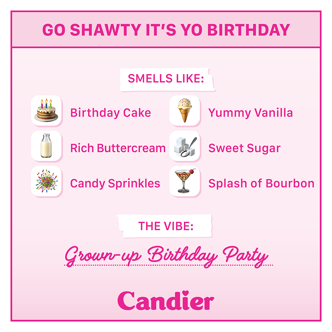 A funny birthday candle that smells like cake, rich buttercream, sweet sugar, and a splash of bourbon. Perfect cute birthday gift for women and older teens!