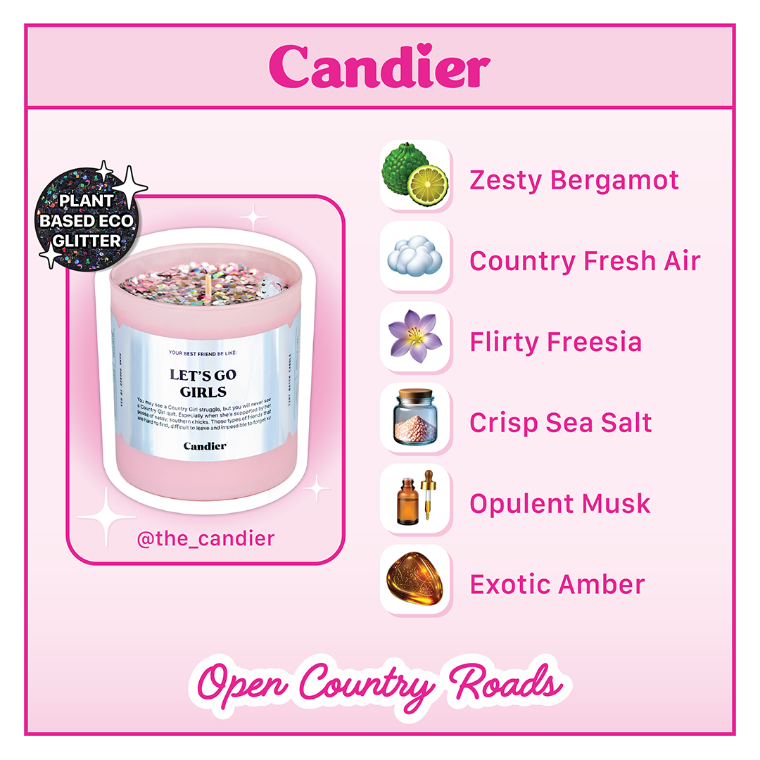 Candier candle Let’s Go Girls cowgirl candle with Nashville style and bergamot scent​. Smells like  fresh sea salt, exotic amber, and fresh country air. Gifts from bride at bachelorette party