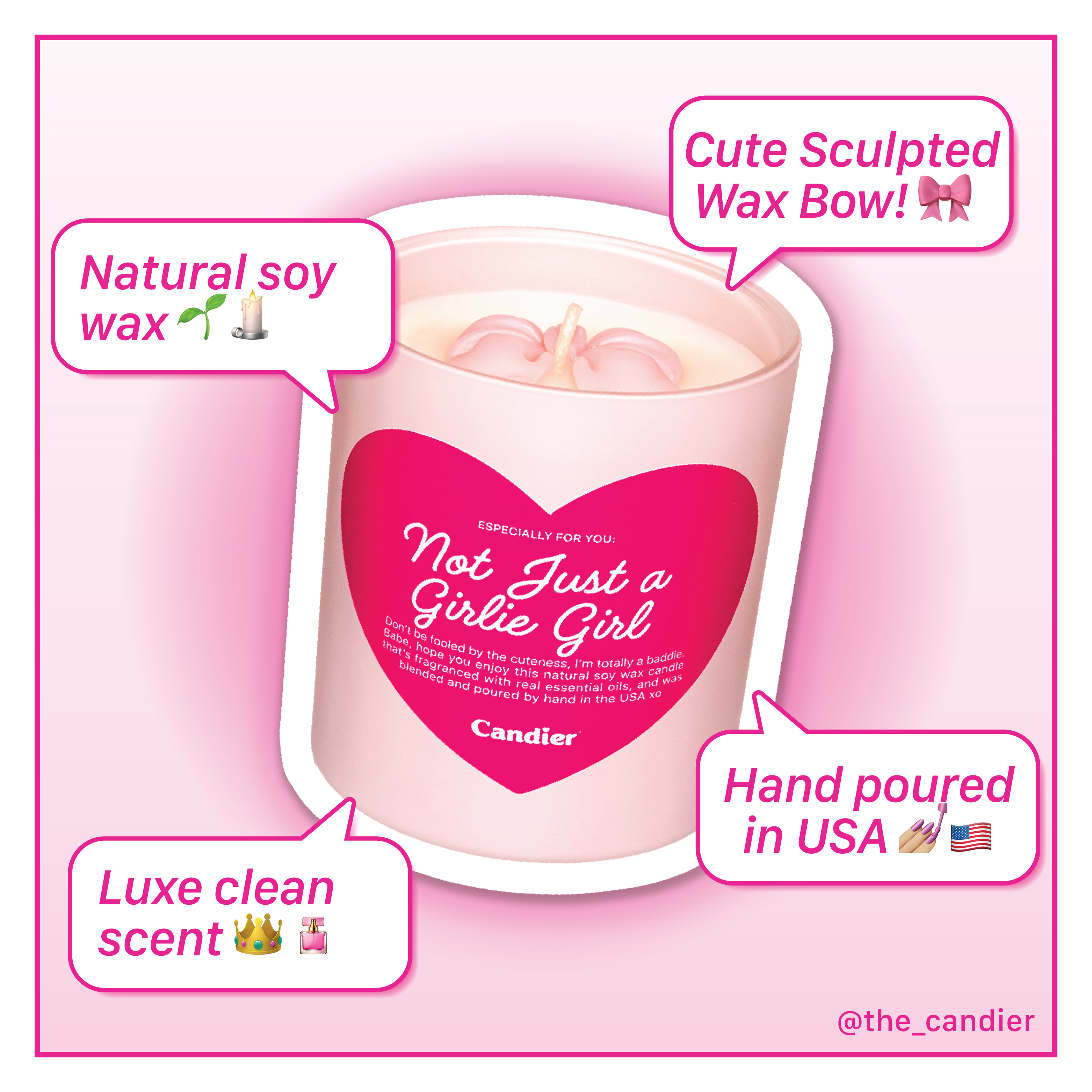 Not Just a Girly Girl by Candier. A luxury girly candle with a cute coquette aesthetic. Natural soy wax clean scent candle, hand poured in the USA 