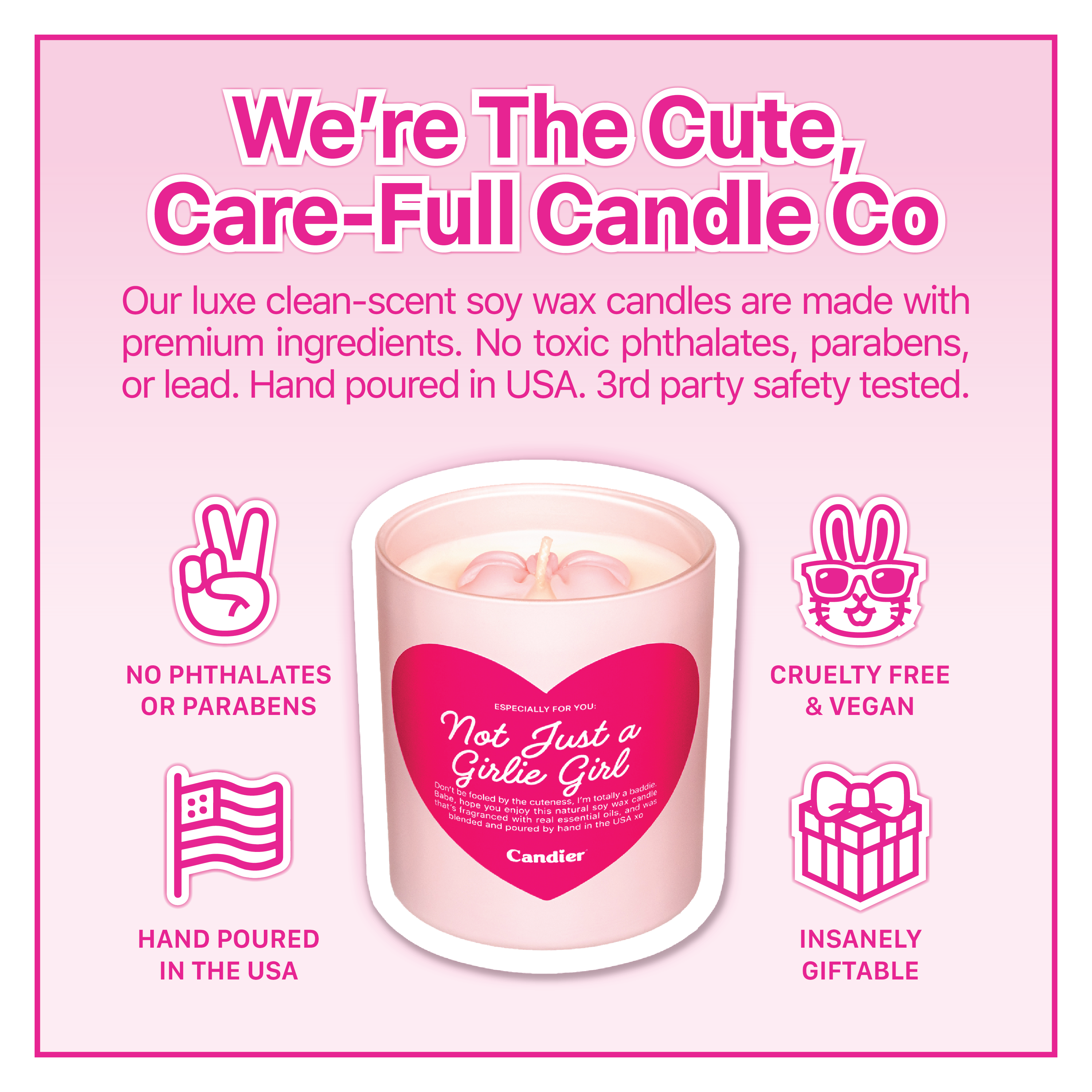 Candier girlcore candle in a soft pink jar with a bold heart graphic. A feminine, floral, and fruity fragrance that’s a must-have for girly girls, coquette decor, and luxe vanity styling.