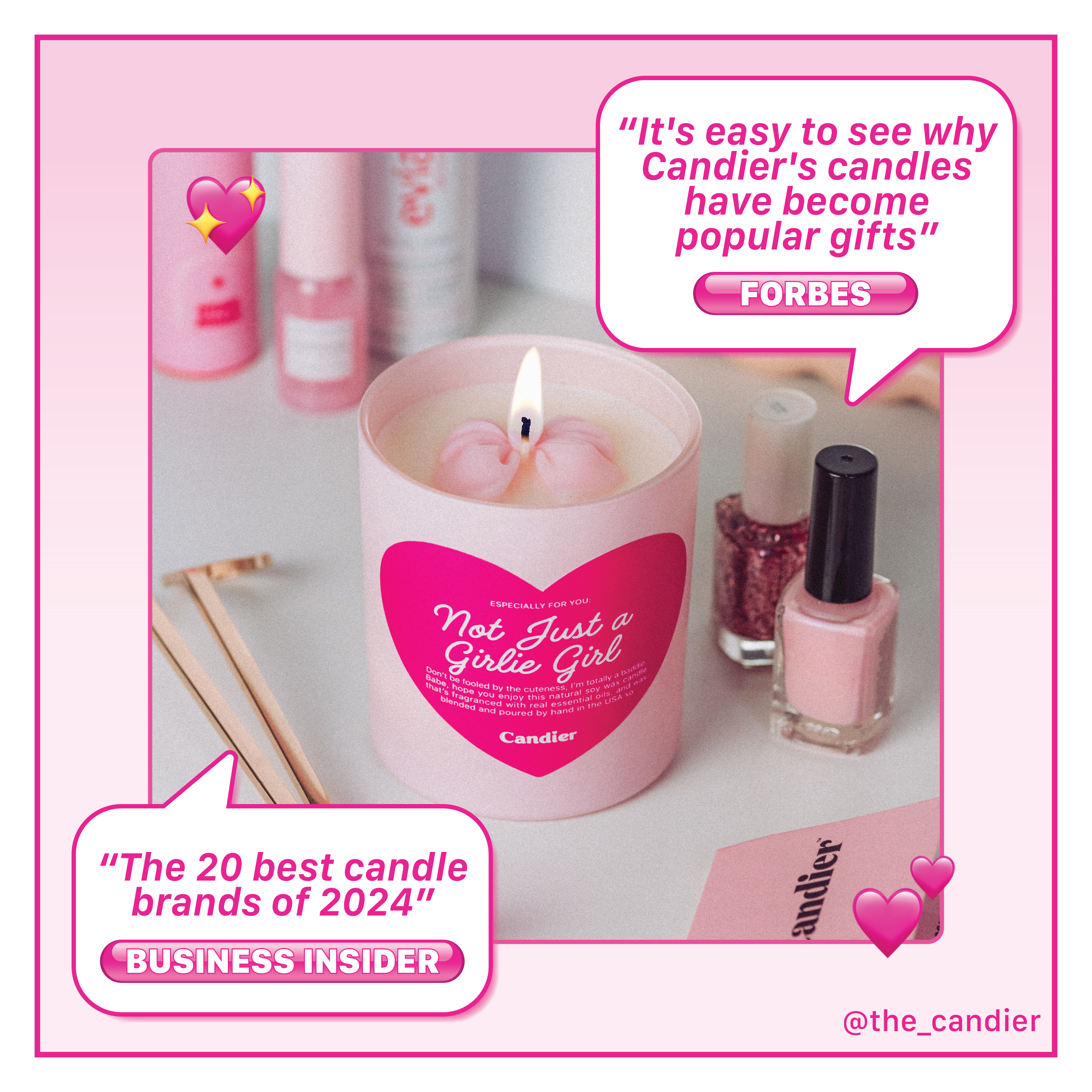 Aesthetic pink candle from Candier, featuring a wax pink bow and a chic heart design. A sweet, floral, and airy fragrance with star fruit, peach, and warm musk. The perfect coquette birthday gift!