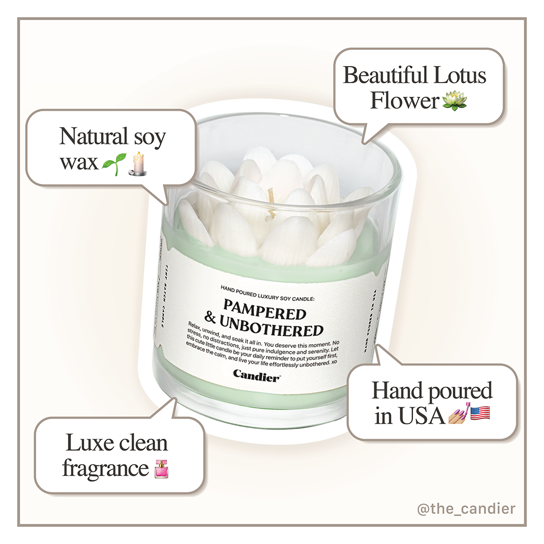 Candier white lotus flower topped spa candle with natural soy wax, luxury clean fragrance, and hand-poured. Premium self care gift made in the USA