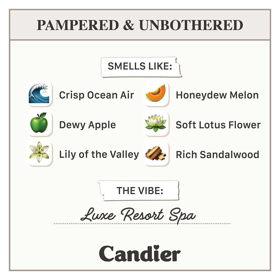 Candier white lotus scent spa candle fragrance notes: crisp ocean air, honeydew melon, dewy apple, lily of the valley, lotus flower, and rich sandalwood. Luxe resort spa scent.