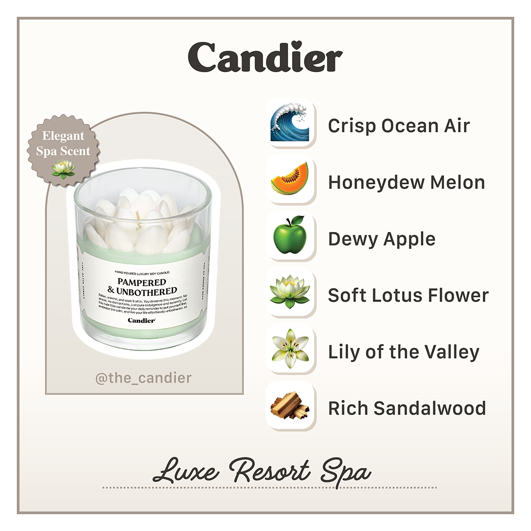 Candier Pampered and Unbothered luxury candle with coastal aesthetics and relaxing spa scent. Features sculpted white lotus flower, honeydew melon, and sandalwood notes.