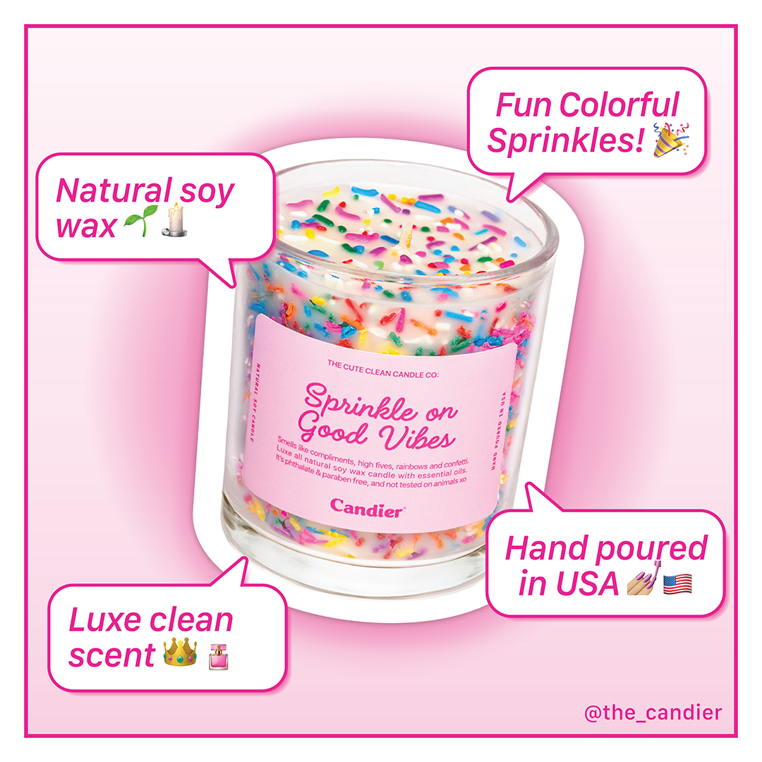 Candier clean candles Sprinkle On Good Vibes vanilla scent candle – Hand-poured soy wax with gourmand fragarnce, and colorful candy sprinkles. Made in USA