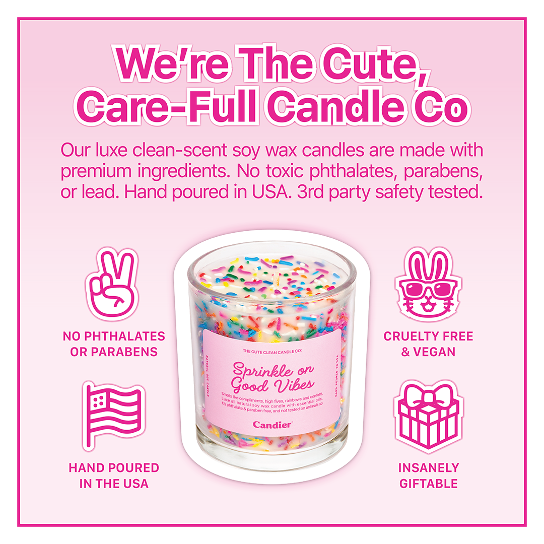 Candier Sprinkle On Good Vibes vanilla fragrance candle – Soy wax with gourmand scent hand made in USA, cruelty-free and vegan. Unique gifts for women