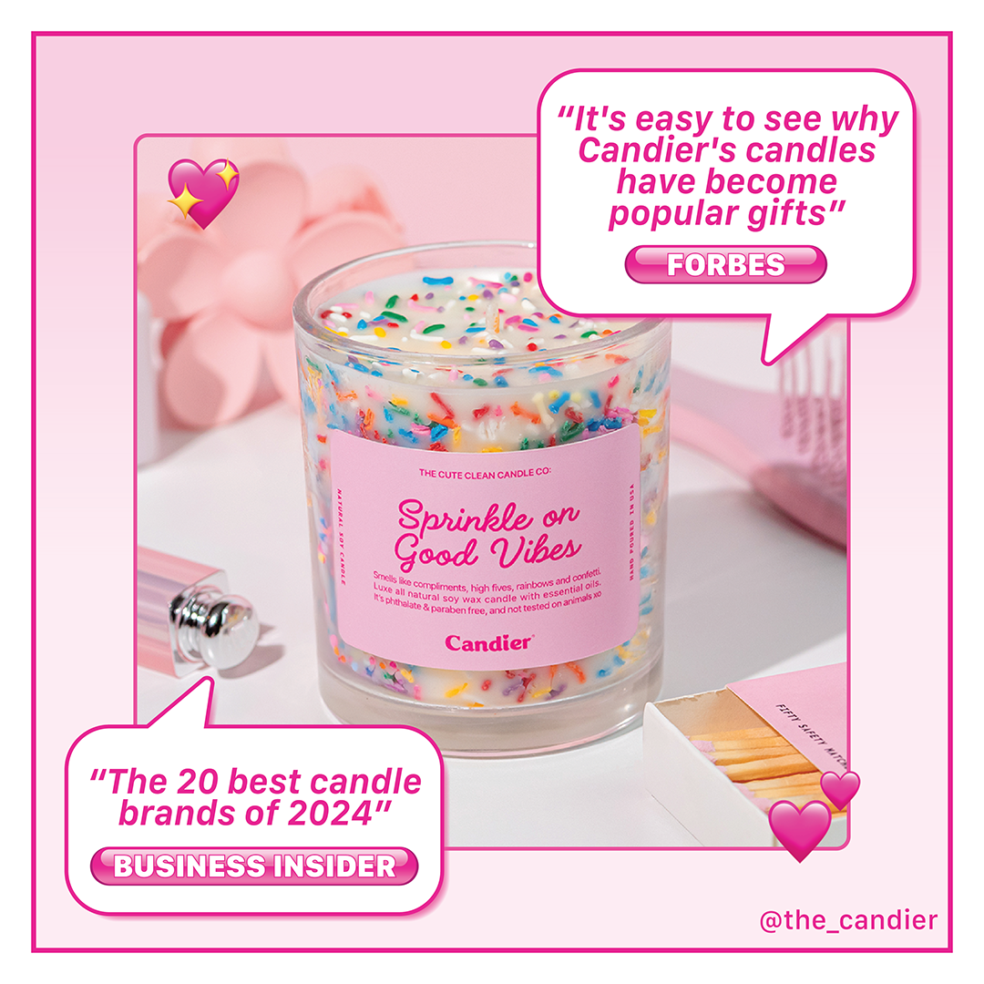 Candier Sprinkle On Good Vibes vanilla scent dessert candle – Hand-poured soy wax with warm and cozy gourmand fragrance, and candy sprinkles. Thoughtful gifts for her