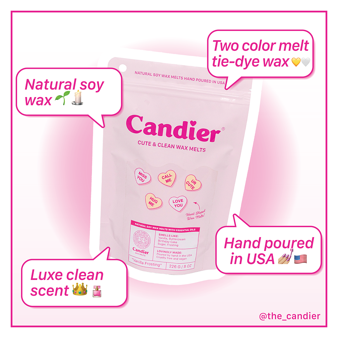 Informational card emphasizing Candier’s clean formula, high-quality materials, and cuteness-over-corners brand promise. Sweet self-care for Vanilla Girls.