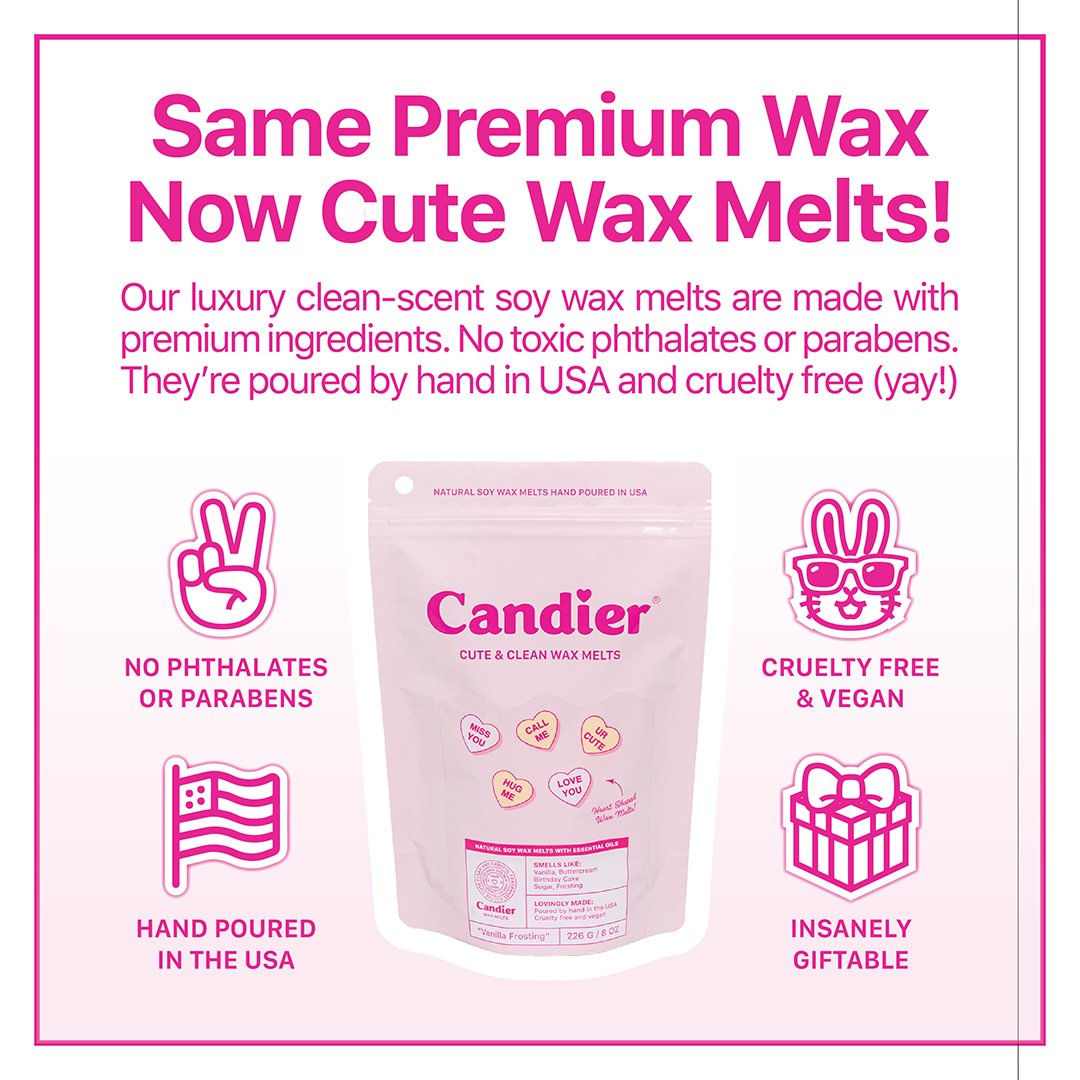 Candier clean ingredients seal: cruelty-free, phthalate-free, paraben-free, non-toxic soy wax. Perfect for thoughtful gifts with clean, safe fragrance.