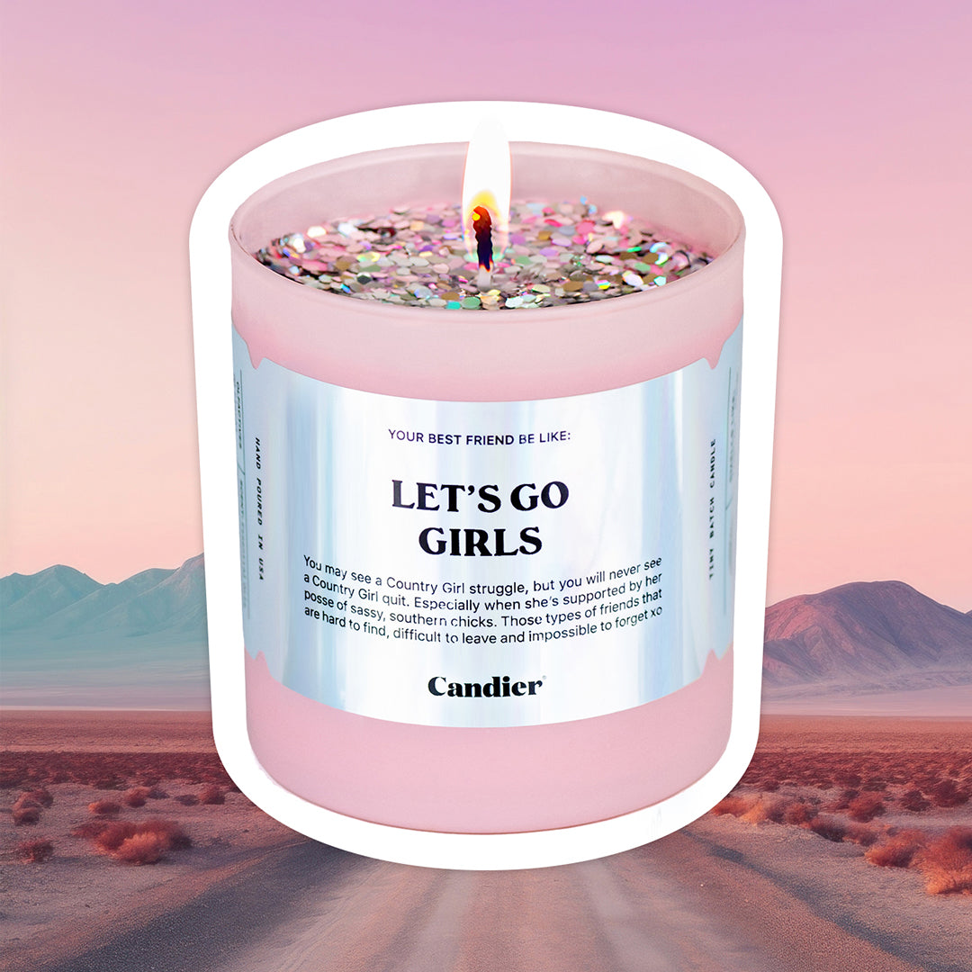 Candier Let’s Go Girls luxury candle with cute Nashville style and fruity floral fragrance. Coastal cowgirl aesthetic