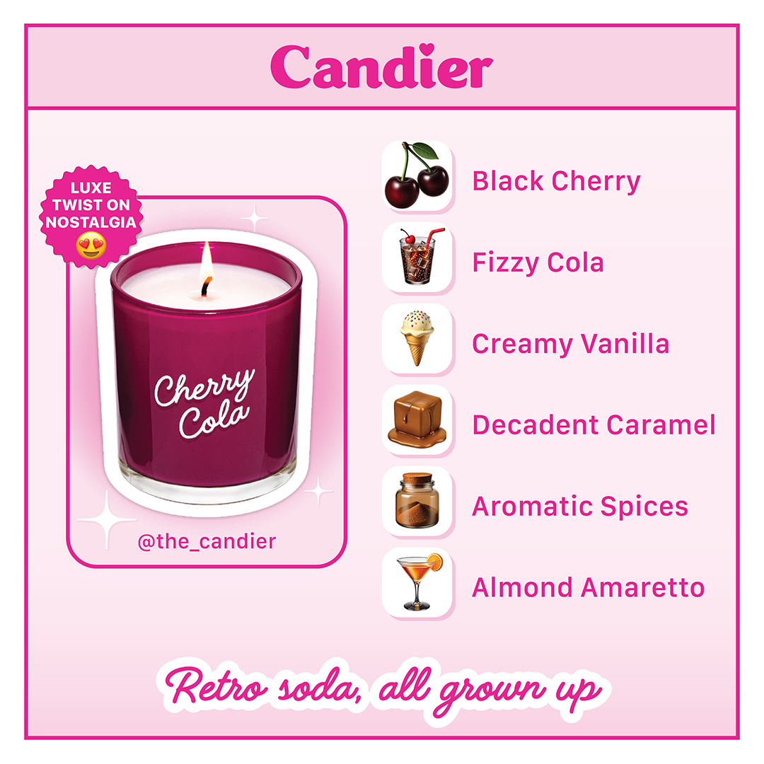 Candier Luxury dessert candles. Cherry Cola candle shown with scent icons and tagline “Retro soda, all grown up.” Scent notes include cherry, cola, vanilla, caramel, spice, and amaretto.