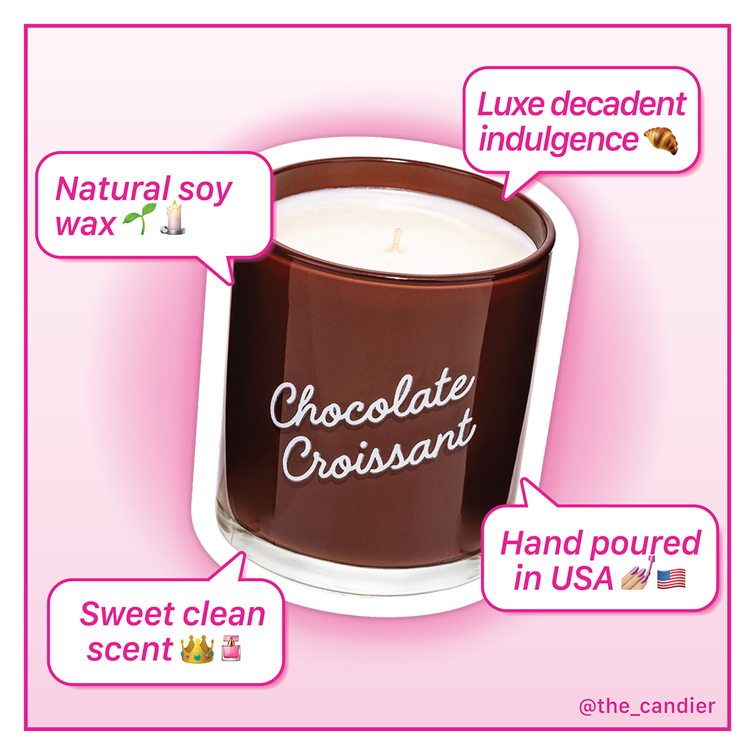 Candier Chocolate Candle benefits graphic: hand-poured in USA, natural soy wax, clean scent, and luxe decadent indulgence. Ideal for dessert lovers and gifting.