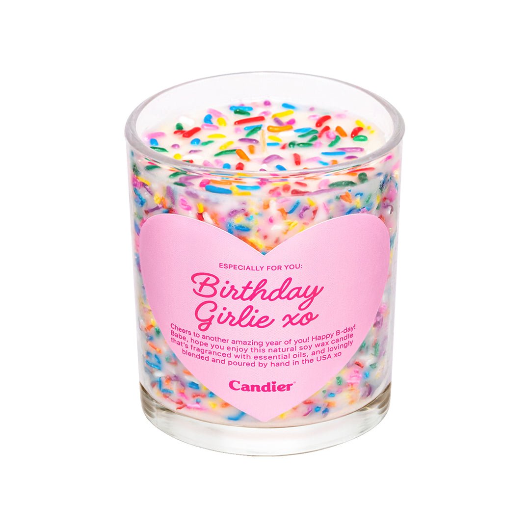 Cute birthday candle with sprinkles and a heart shaped pink aesthetic label that says Birthday Girlie xo